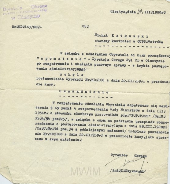 KKE 5600.jpg - Dok. Pismo z Dyrekcji Okręgu Poczt i Telekomunikacji w Olsztynie do Michała Katkowskiego dotyczące sprawy karnej, Olsztyn, 30 III 1960 r.